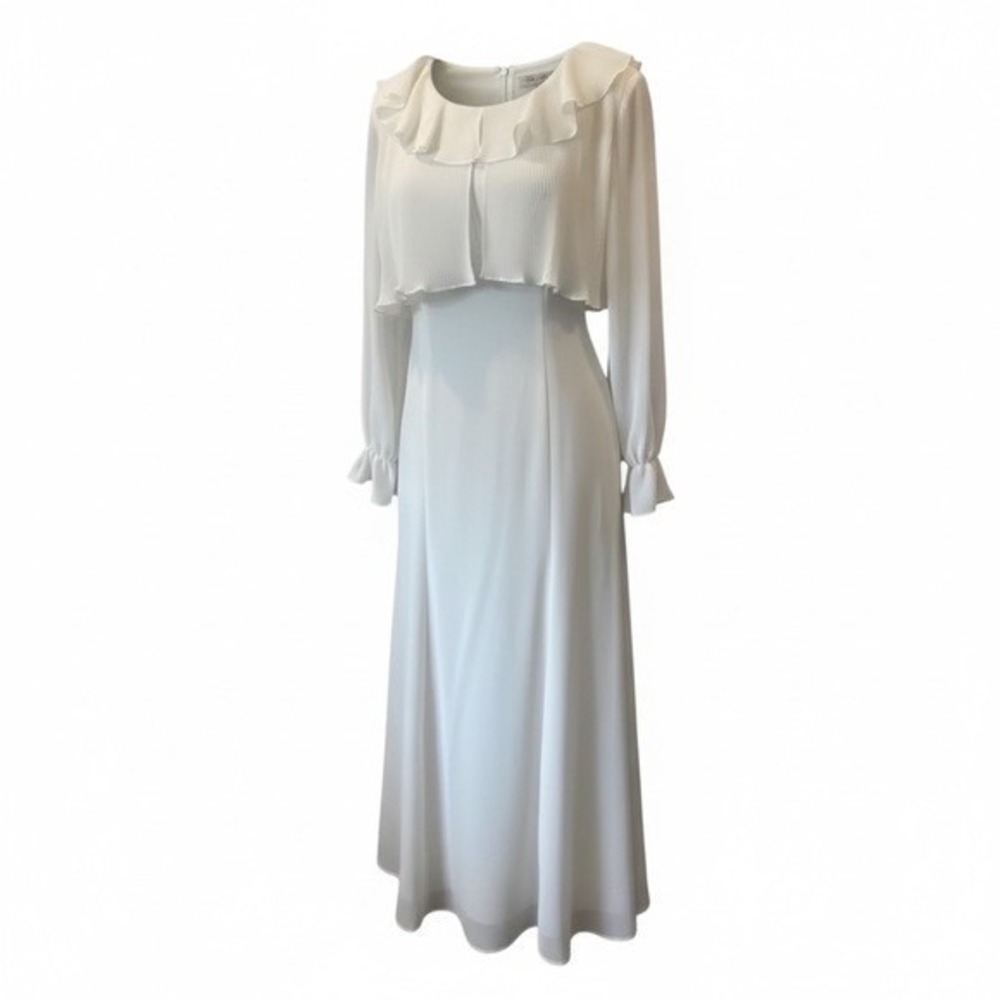 Love Field 70s Chiffon Flowing, Ruffled Collar or Shawl Neck Ivory Women's Dress